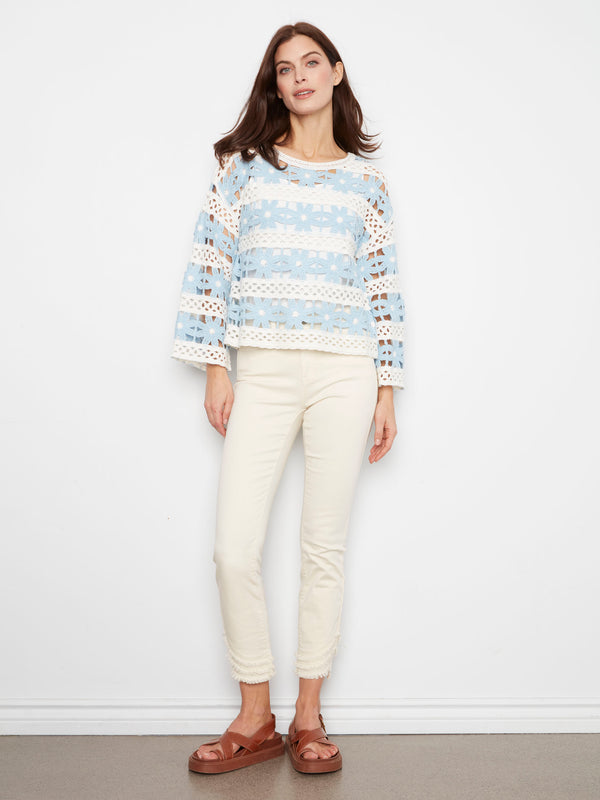 Floral Cotton Blend Crochet Top - Bluebell