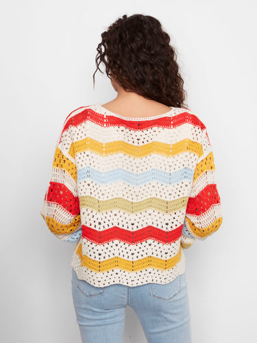 Vibrant crochet top in colorful stripes with 3/4 bell sleeves and boat neckline for style by Charlie B.