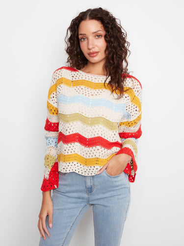 Stylish crochet top featuring colorful patterns, drop shoulders, and cotton blend fabric by Charlie B.
