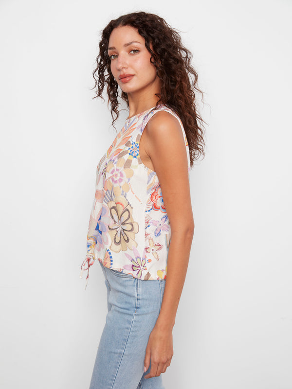 Stylish sleeveless blouse with intricate Maui print, adding a touch of elegance to any outfit by Charlie B.