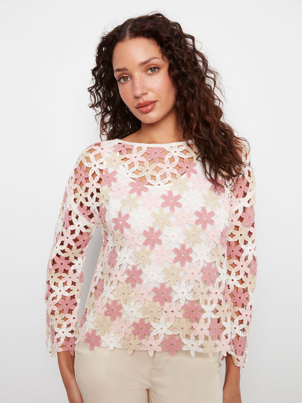 Cotton Blend Crochet Flower Top - Carnation