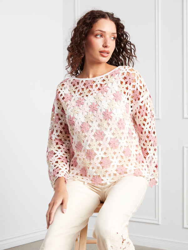 Cotton Blend Crochet Flower Top - Carnation