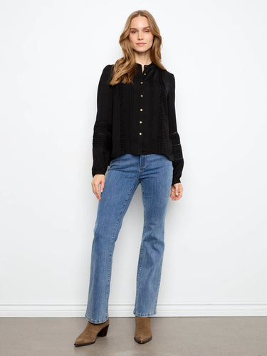 Stand collar design elevates the overall elegance of this stylish black blouse by Charlie B.