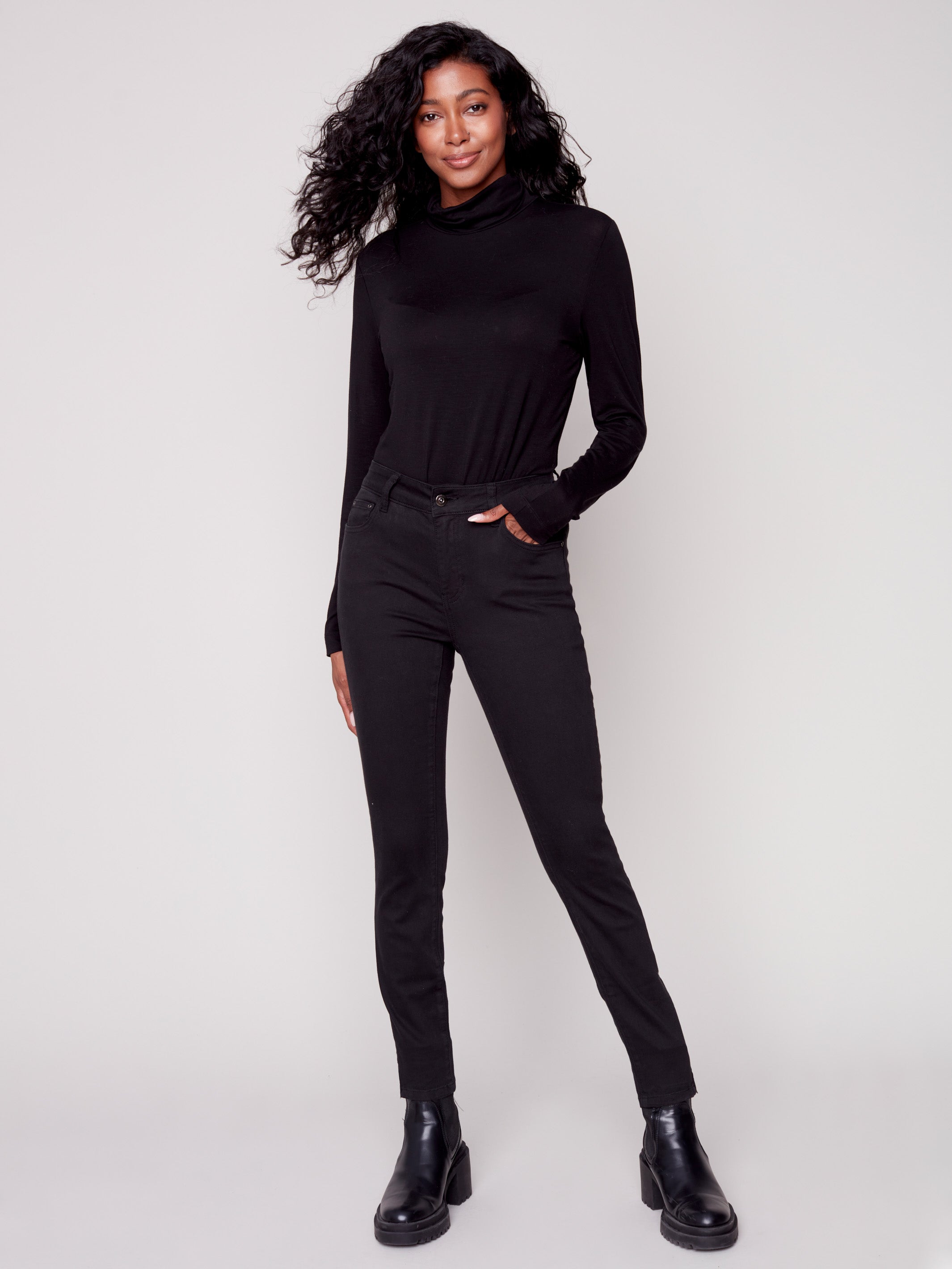 Twill Pants with Side Zipper - Black