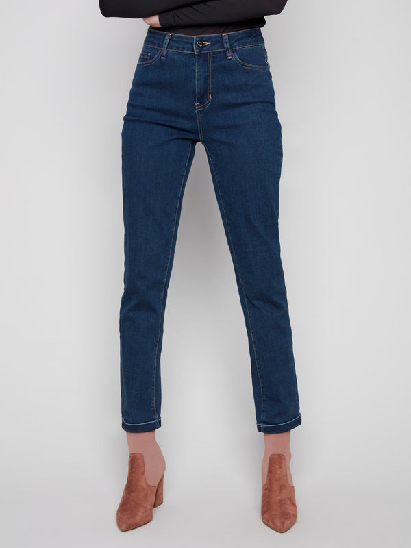Showcasing the cuffed hem, these dark blue slim leg jeans offer a stylish touch by Charlie B.