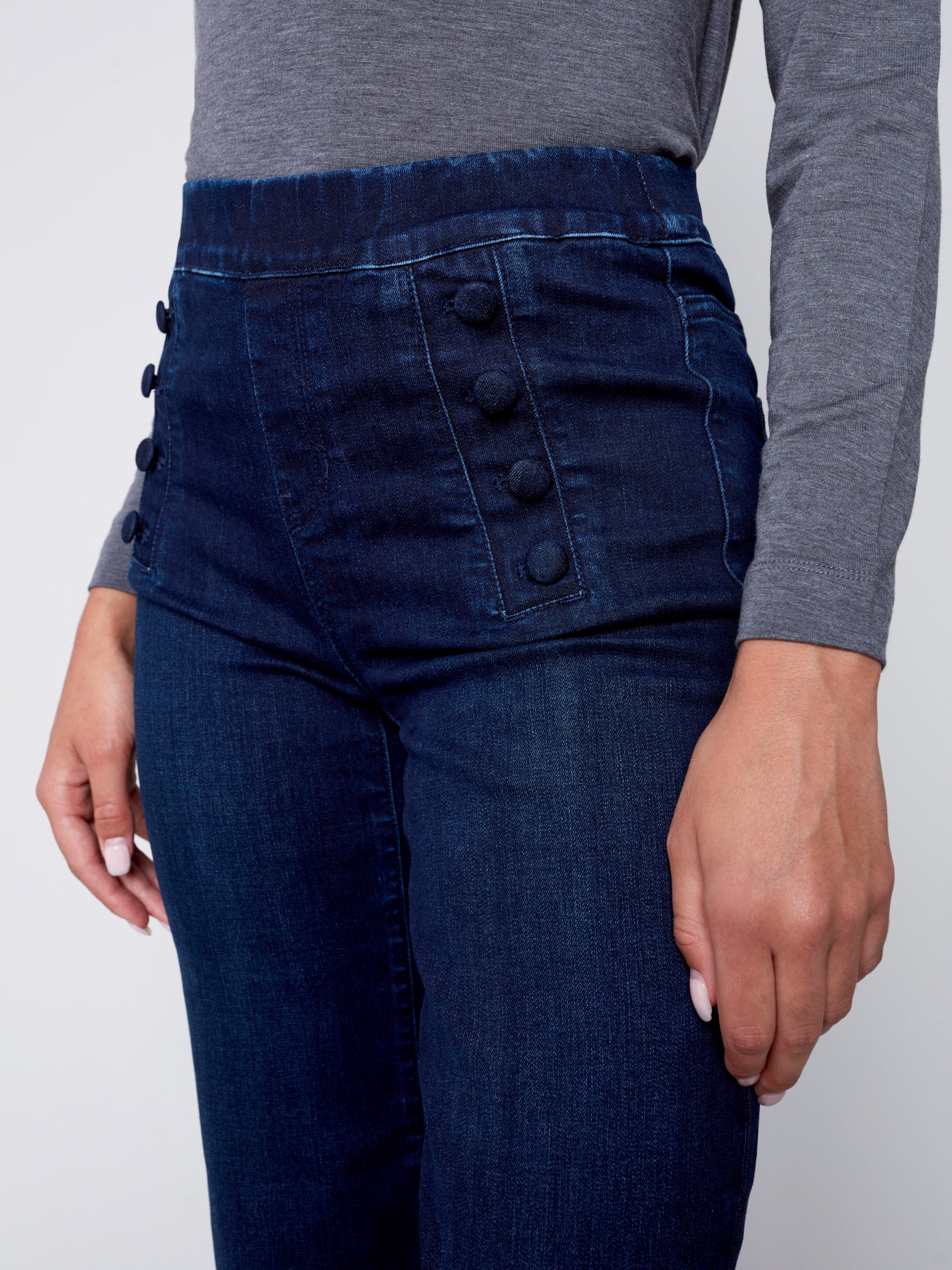 Flare Pull-on Jeans with Decorative Buttons - Blue Black