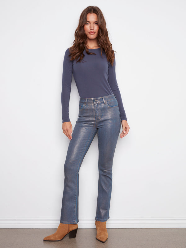 Roseblue jeans with a bootcut fit and metallic foil finish, offering both style and comfort by Charlie B.