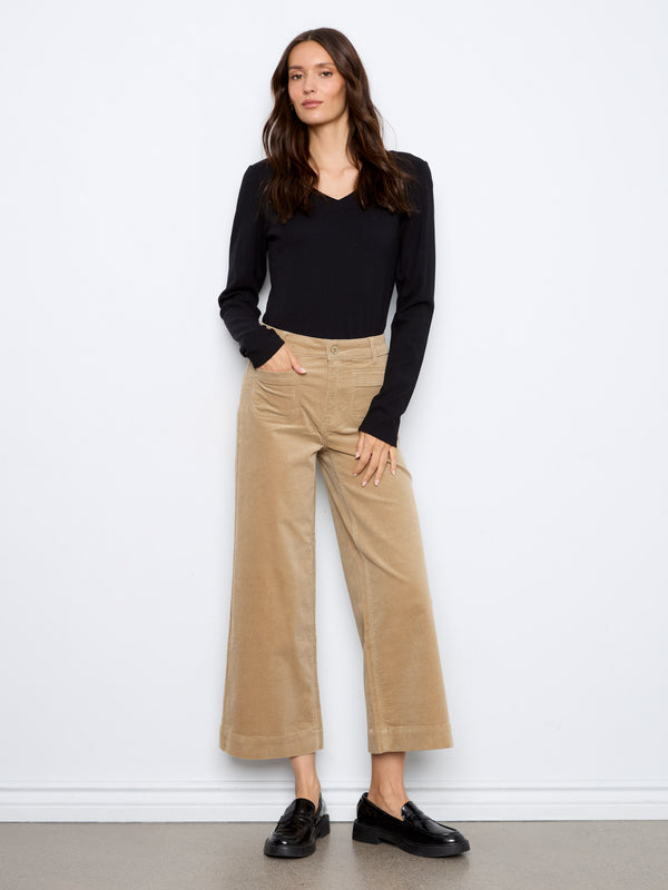 Cropped Patch Pocket Wide Leg Corduroy Pants - Latte