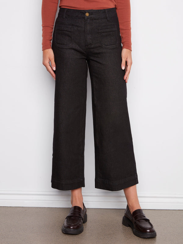 Stylish black jeans with regular rise and subtle metallic finish, adding a touch of shine by Charlie B.