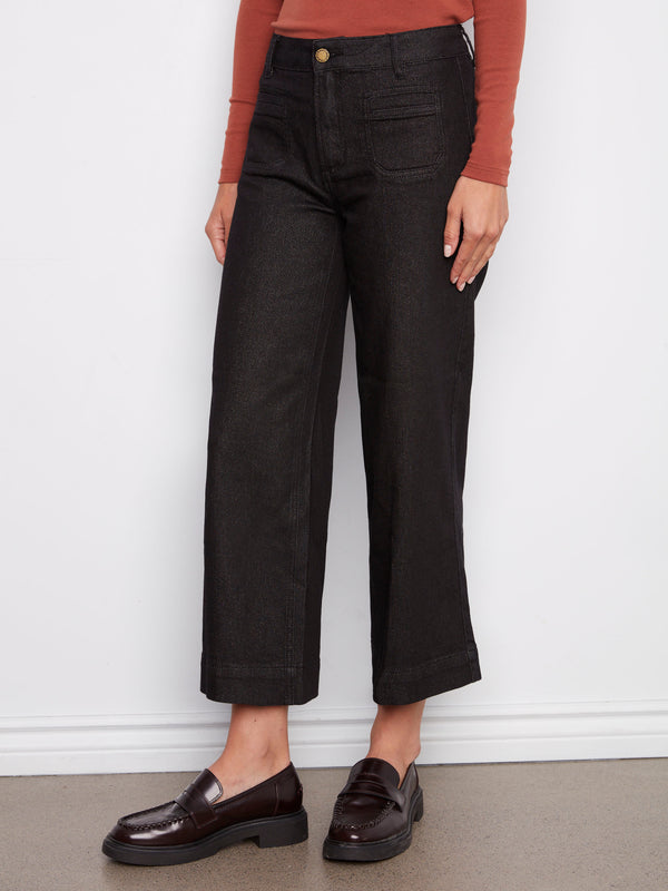 Metallic Patch Pocket Flare Jeans - Black