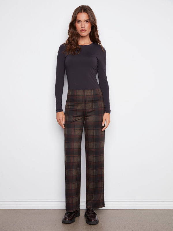 Women's plaid pants in cacao with an elastic waistband for a comfortable fit by Charlie B.
