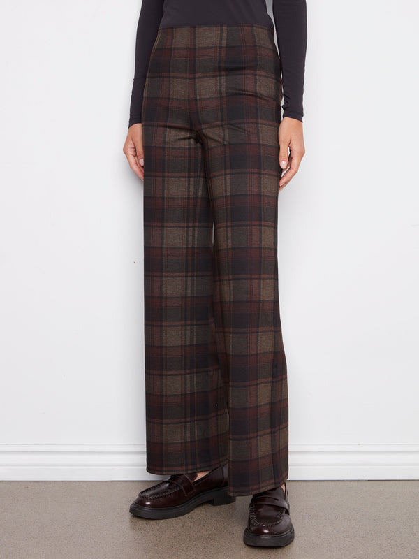 Cacao-colored wide-leg pants featuring a mid-rise waist and plaid pattern by Charlie B.