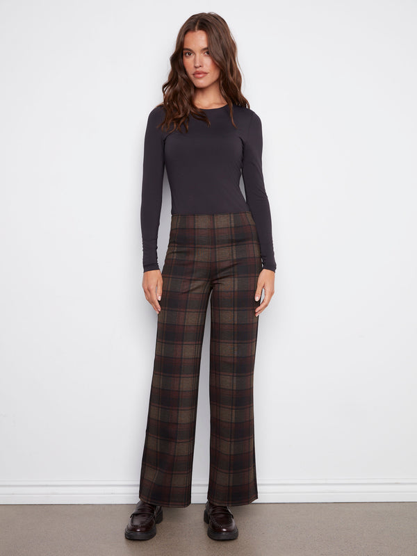 High-rise plaid pants in rich cacao color, designed for comfort with an elastic waistband by Charlie B.