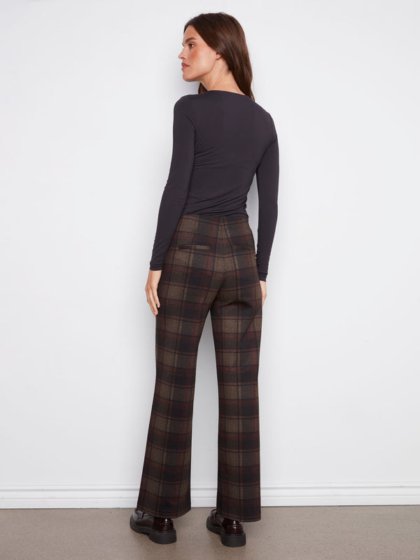 Cacao wide-leg pants showcasing a chic mid-rise waist and classic plaid design by Charlie B.
