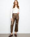 Metallic copper pants with a flare leg, featuring ankle-length cut and stylish front welt pockets by Charlie B.