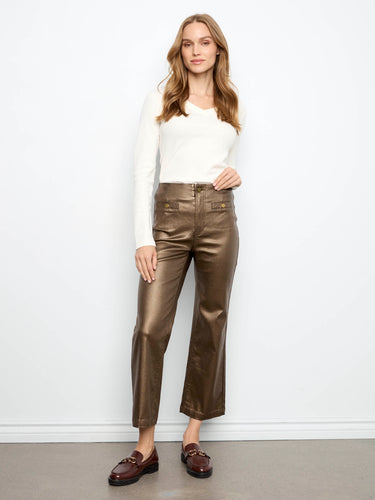 Metallic copper pants with a flare leg, featuring ankle-length cut and stylish front welt pockets by Charlie B.