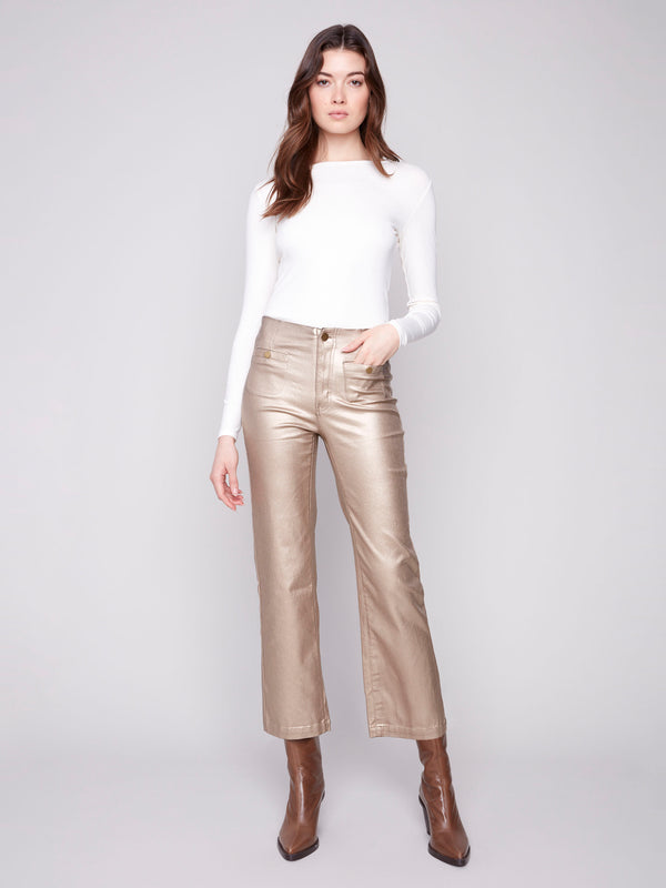 Brass metallic wax pants featuring a stylish flare fit, perfect for elevating your wardrobe essentials by Charlie B.