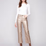 Brass metallic wax pants featuring a stylish flare fit, perfect for elevating your wardrobe essentials by Charlie B.