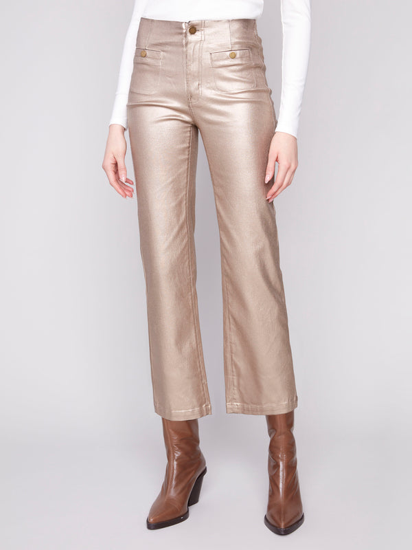 Cropped brass metallic pants with zipper closure, offering a chic and modern look for any occasion by Charlie B.