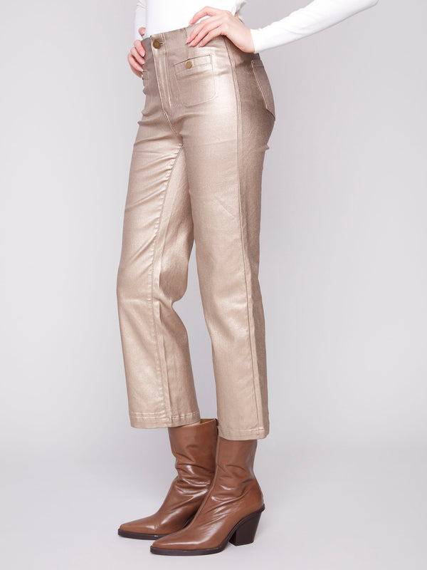 Mid-rise waist brass metallic pants in stretch fabric, ensuring comfort and style throughout the day by Charlie B.