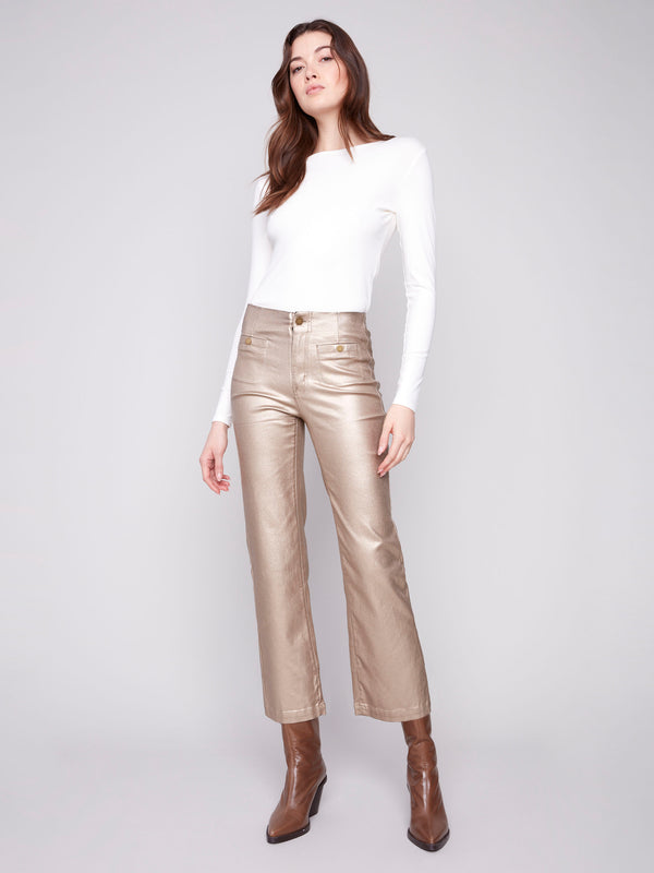 Elegant brass metallic pants with welt front pockets, adding both functionality and flair to your outfit by Charlie B.