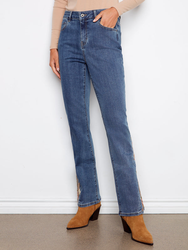 Bootcut Jeans With Floral Embroidery - Medium Blue