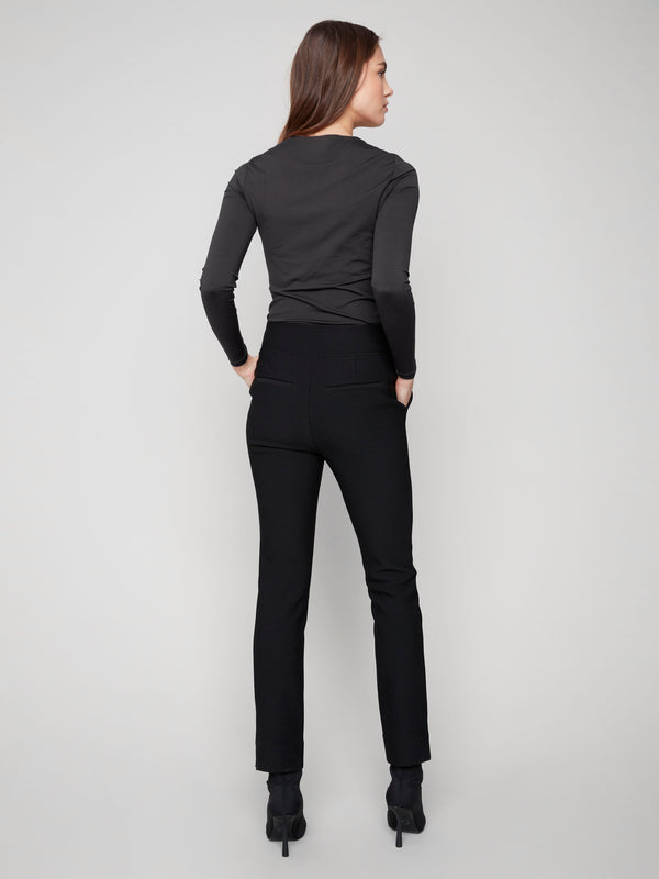 Sophisticated black slim-fit trousers with back welt pockets, crafted from stretch fabric for ease of movement by Charlie B.