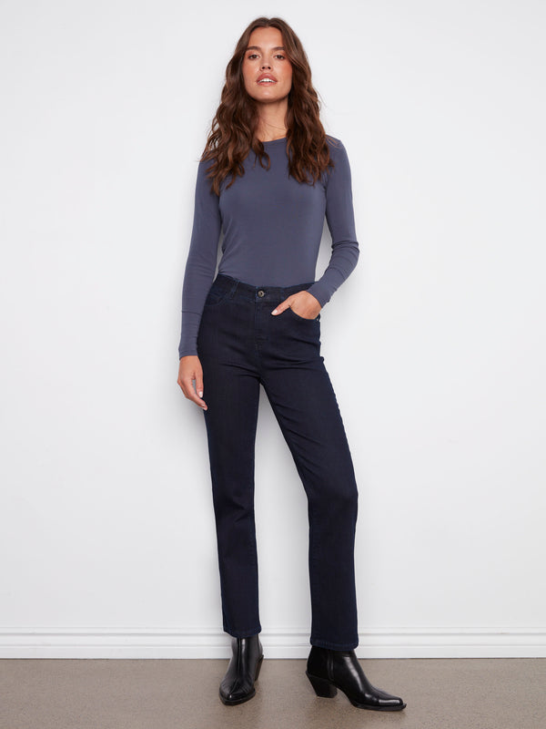 Blue-black jeans featuring a straight fit and long length, designed for comfort and style by Charlie B.