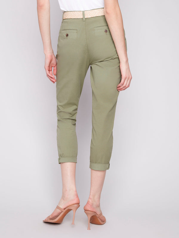 Cropped design offers modern flair to these fashionable celadon trousers by Charlie B.