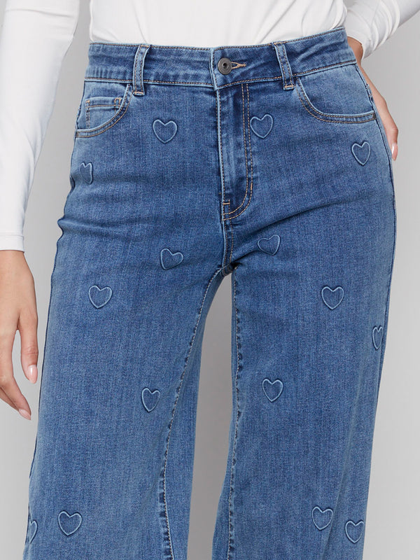 Wide Leg Jeans With All-Over Hearts - Denim Hearts