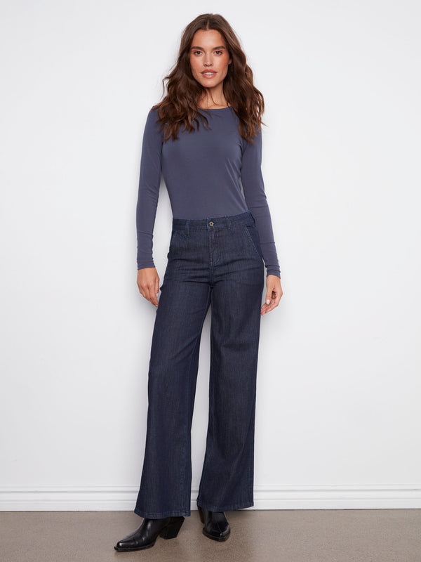 Stylish wide-leg jeans with a focus on their comfortable stretch fabric for everyday wear by Charlie B.