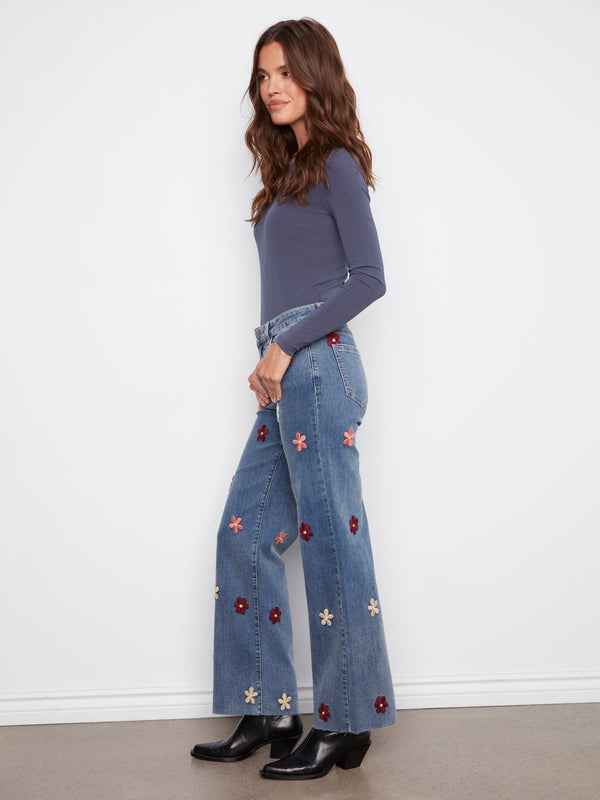 Wide Leg Jeans With Flower Patches - Medium Blue