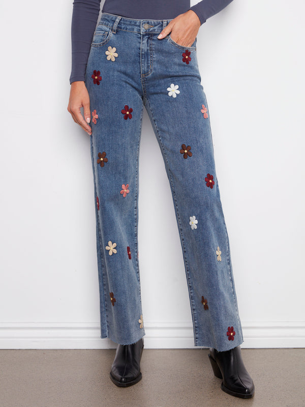 Wide Leg Jeans With Flower Patches - Medium Blue