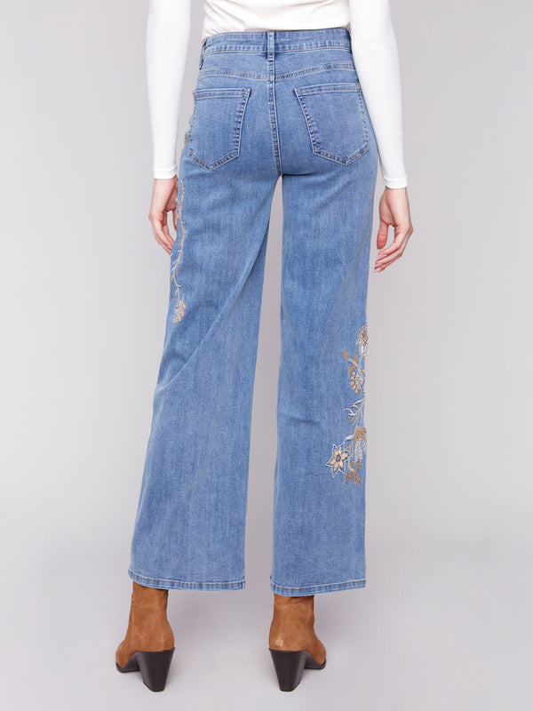 Stretch denim material ensures comfort in these beautifully embroidered wide leg jeans by Charlie B.