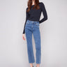 Medium blue denim jeans with a straight leg cut, showcasing their long length and stylish design by Charlie B.