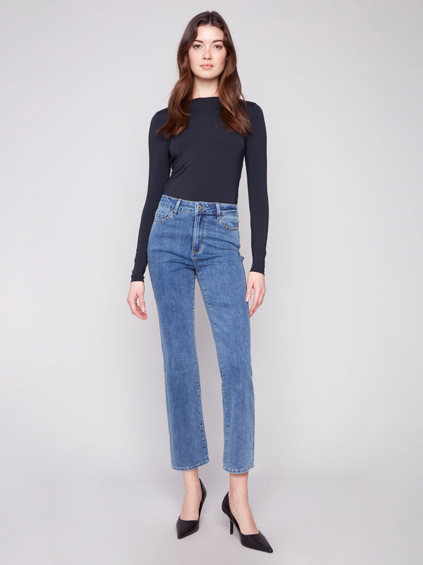 Straight Leg Jeans With Side Studs - Medium Blue