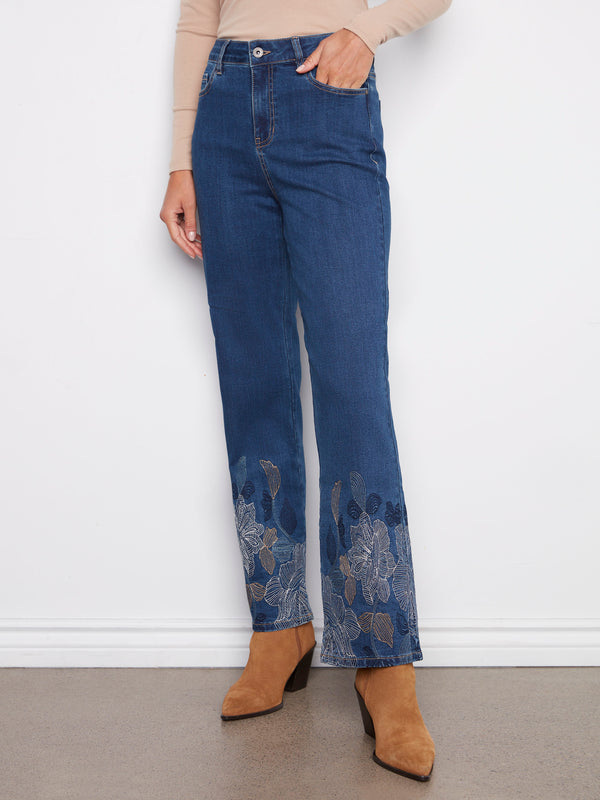 Straight Leg Metallic Embroidered Jeans - Indigo