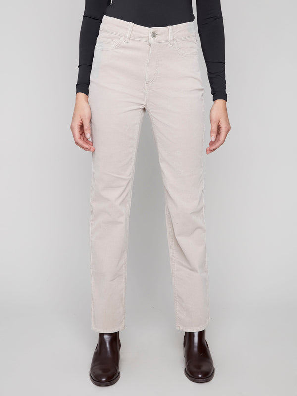Classic oat corduroy pants with long length and comfortable stretch material by Charlie B.