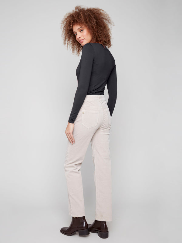 Stylish oat corduroy pants crafted from stretch material for added comfort by Charlie B.