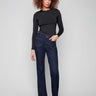 Deep blue jeans with a flare leg, featuring special rivets and front patch pockets for a stylish look by Charlie B.