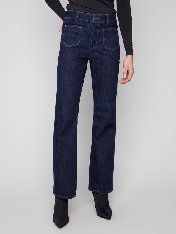 These long length blue jeans offer stretch denim comfort with back pockets, perfect for any occasion by Charlie B.