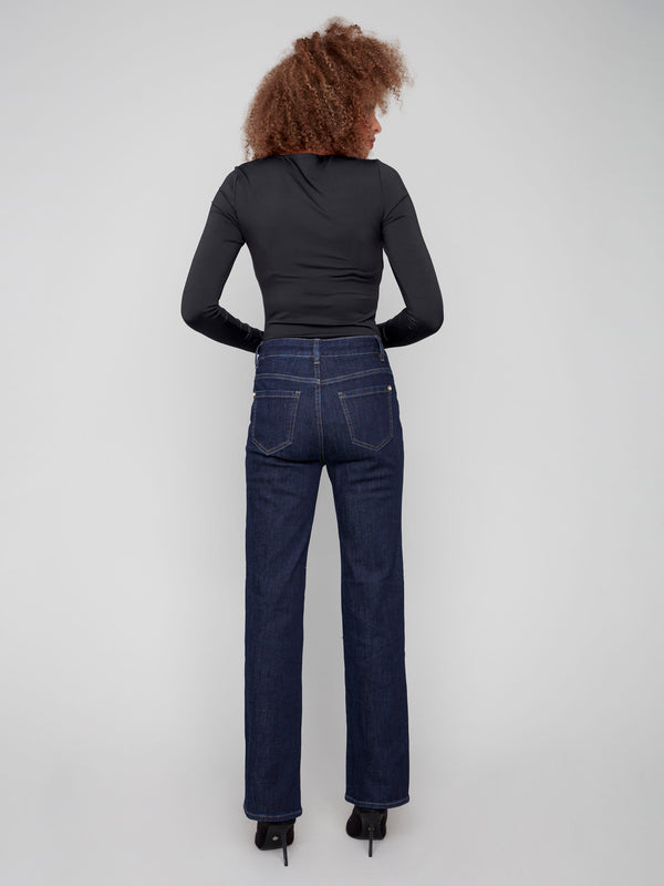 Patch Pocket Flare Jeans With Rivets - Deep Blue