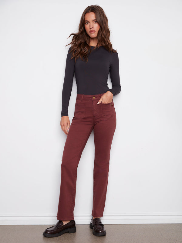 Cabernet-colored pants featuring a long length and stylish design, perfect for any occasion by Charlie B.