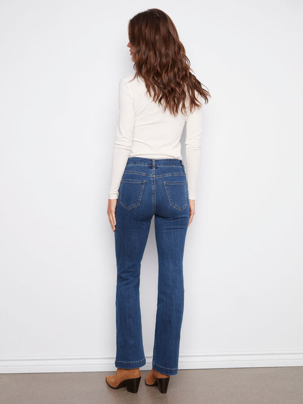 Flare Leg Stretch Jeans With Buttons - Indigo