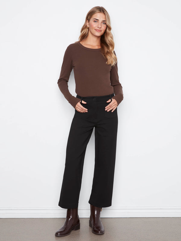 Pantalon à jambe large en ponte avec poches plaquées - Noir
