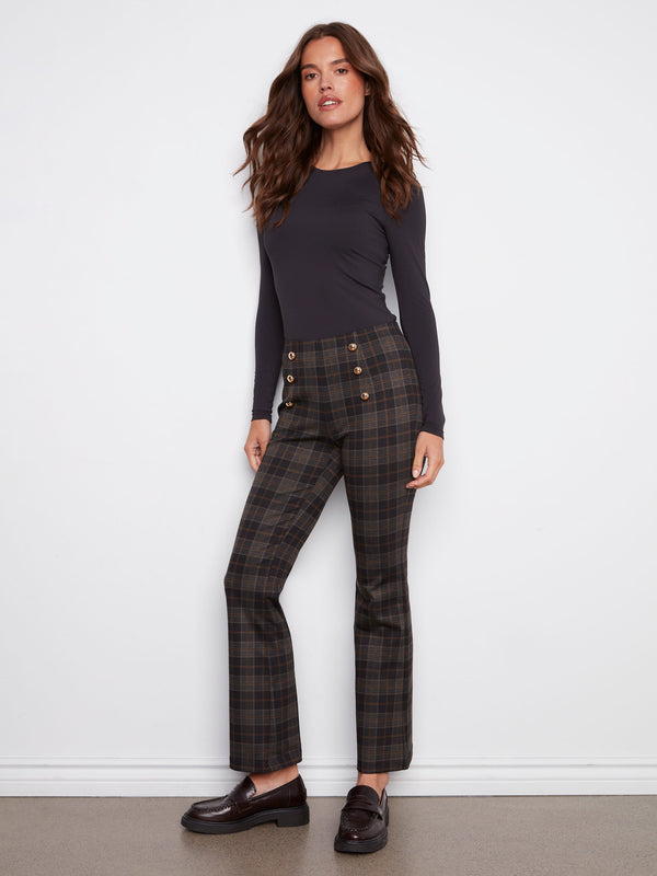 Sophisticated plaid pants showcasing a timeless design with faux buttons for added flair by Charlie B.