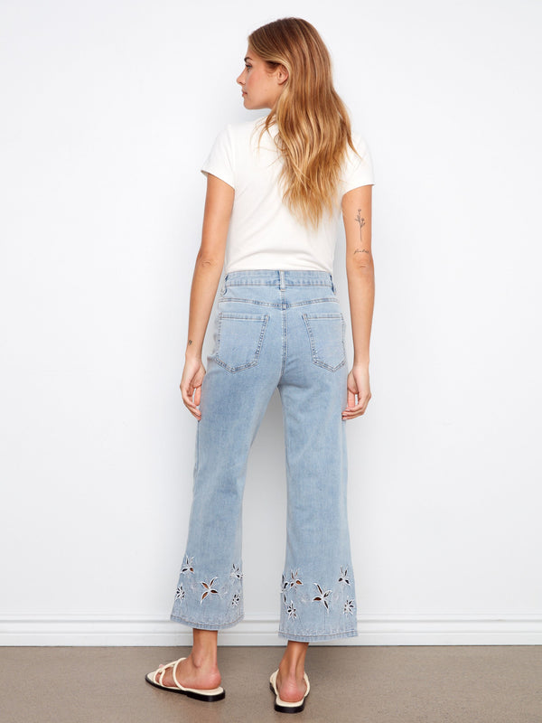Flare Jeans With Palm Tree Embroidery - Light Blue