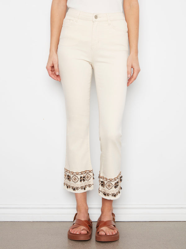 Cropped Twill Pants With Embroidered Hem - Natural