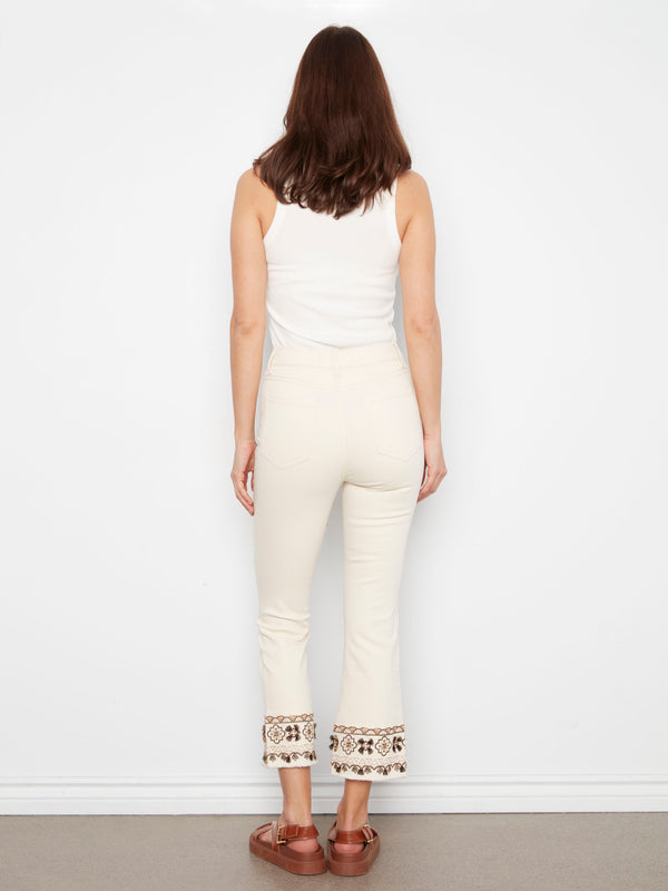 Cropped Twill Pants With Embroidered Hem - Natural