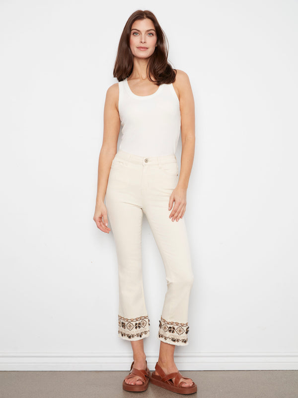 Cropped Twill Pants With Embroidered Hem - Natural